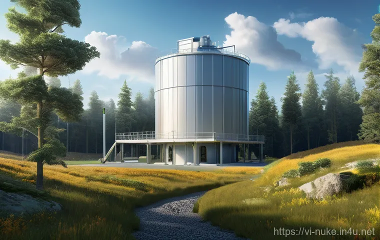 원자력 기술의 글로벌 동향 - A futuristic, sleek Small Modular Reactor (SMR) power plant, designed with advanced, minimalist arch...