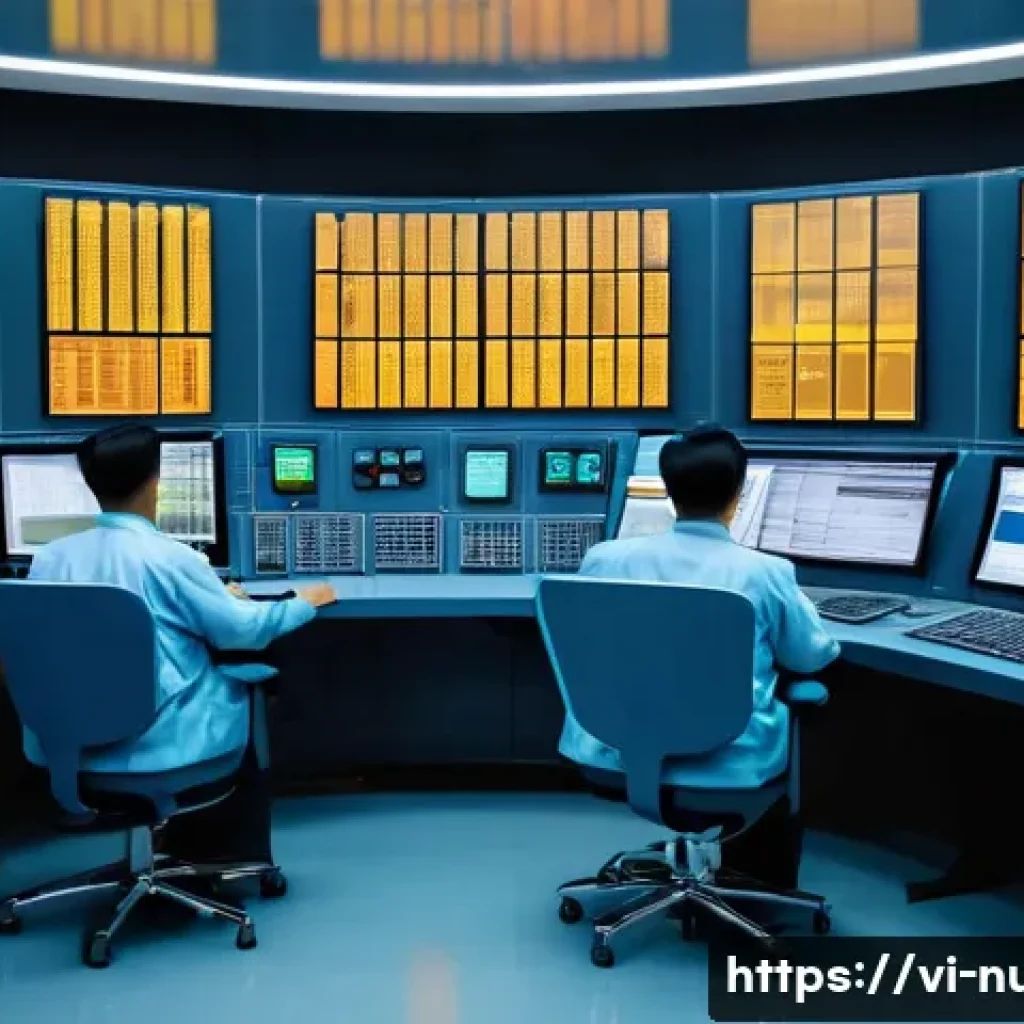 원자력 기술 해외 인증 시험 - A highly detailed industrial scene inside a modern nuclear power plant control room in Vietnam, show...