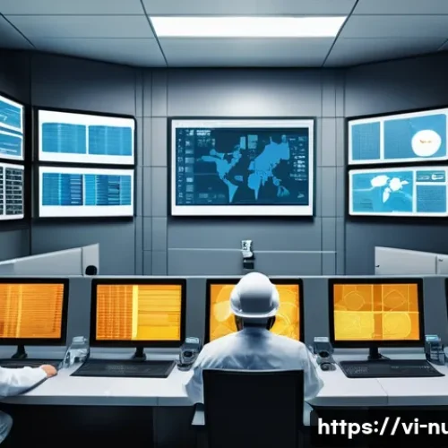 원자력 발전소 설계와 운영 사례 - A detailed cross-sectional illustration of a modern nuclear power plant control room in Vietnam, sho...